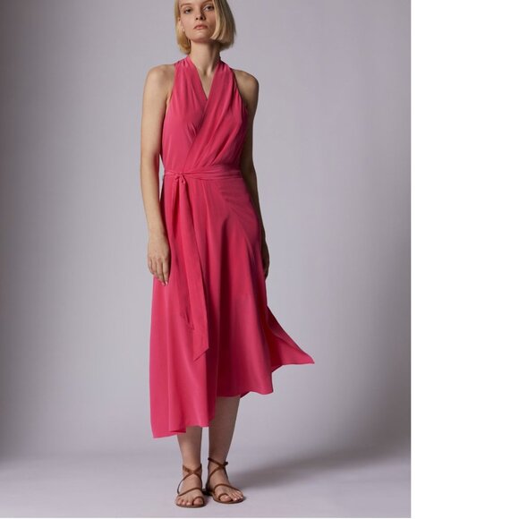 Equipment Femme | Raspberry Sorbet Pink Alejandra Midi Silk Dress 2 - Picture 1 of 8